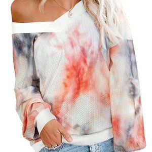 Adreamly Tie Dye Waffle Knit V Neck Pullover